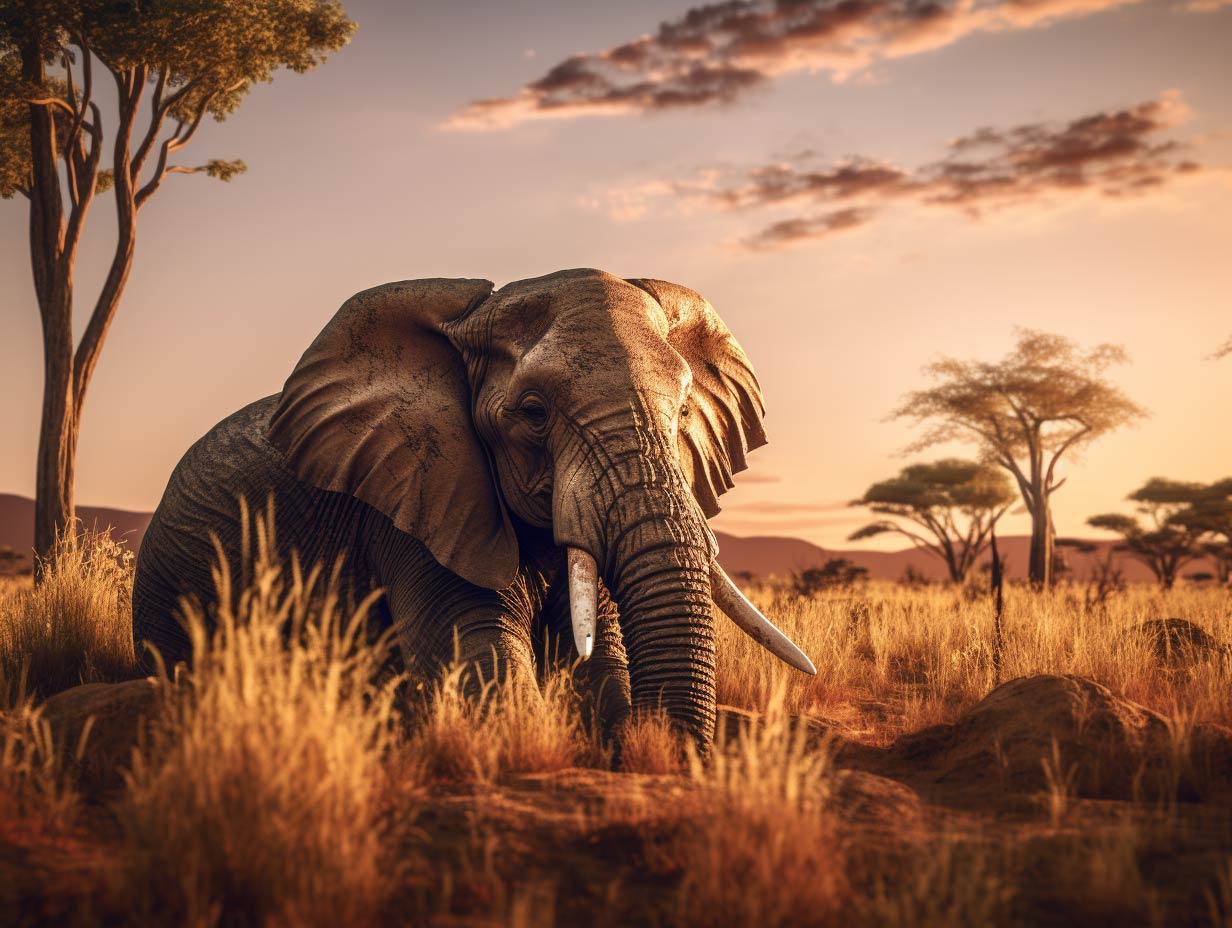 Elefante che dorme in piedi nella savana