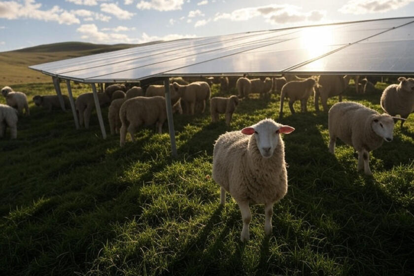 pecore si riparano dal sole all'ombra di pannelli solari
