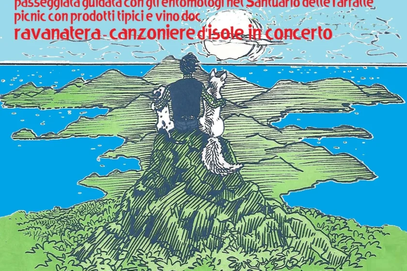 Locandina della Festa delle Farfalle e degli impollinatori, in programma il 2 giugno alle 10.30 nell’area picnic di Monte Perone all’Isola d’Elba, con passeggiata guidata, picnic con prodotti tipici e concerto dei Ravanatèra.
