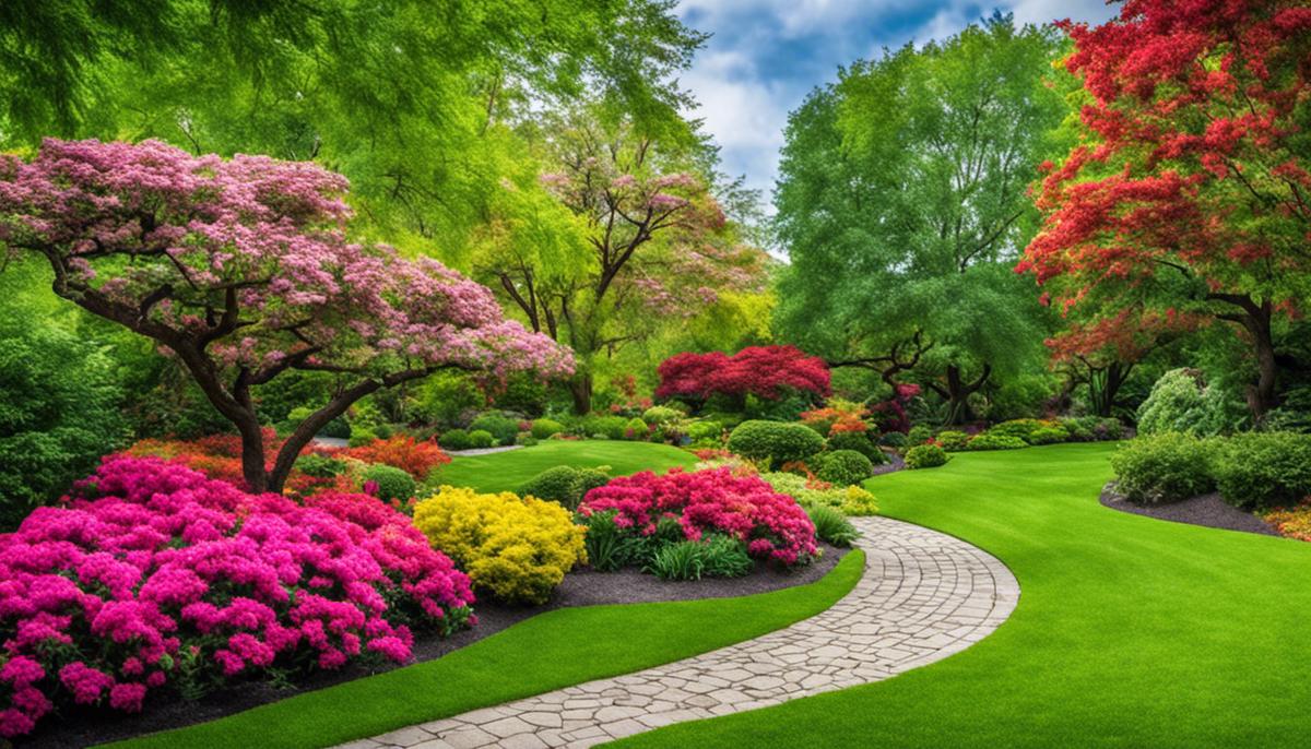 A beautiful garden with various types of ornamental trees in vibrant colors.