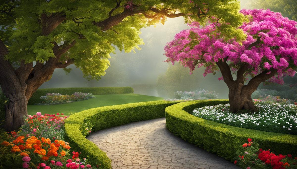 Un albero da giardino con foglie verdi e fiori colorati