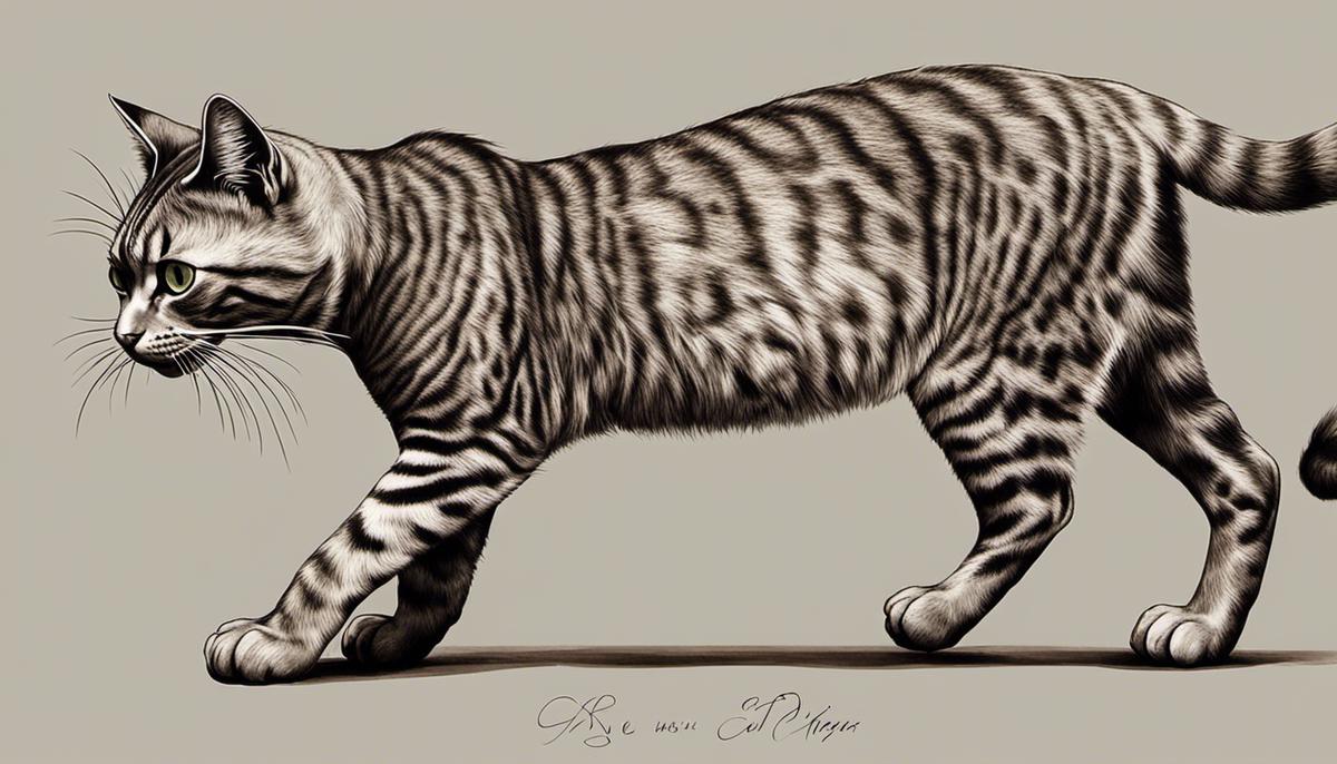 Immagine di un gatto che illustra la sua anatomia con le ossa e i muscoli evidenziati.