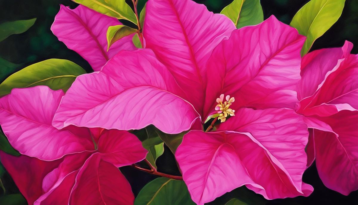 A vibrant pink Bougainvillea flower surrounded by green leaves