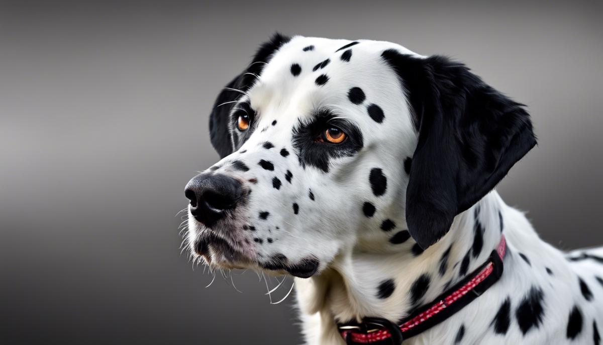 Foto di un Dalmata Nero con macchie nere su fondo bianco, un cane allegro, fedele e pieno di energia
