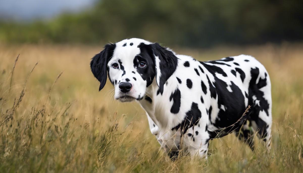 Un cucciolo di Dalmata Nero con il suo caratteristico manto maculato di colore nero.