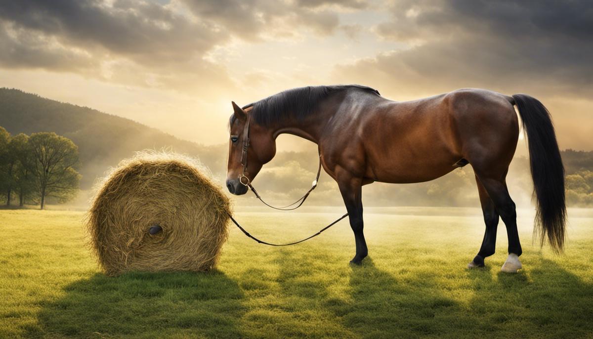 Image depicting a horse grazing on grass and hay, representing the importance of roughage in their diet
