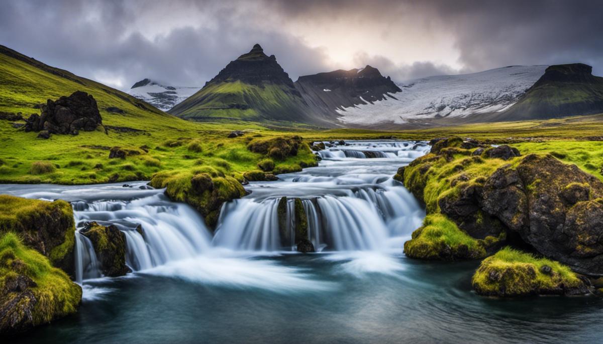 Beautiful untouched nature of Iceland, with glaciers, waterfalls, and mountains.