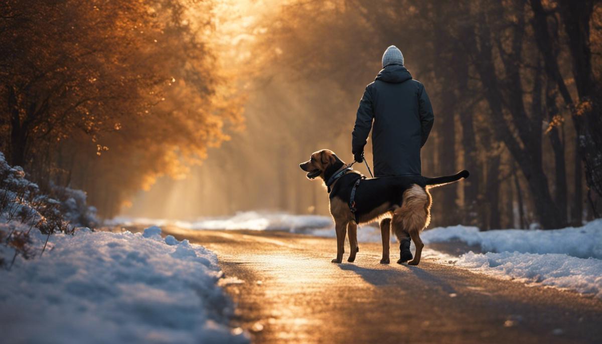 Illustrazione di un cane randagio accanto a una persona che lo protegge, simboleggiando la necessità di aiutare gli animali vaganti.