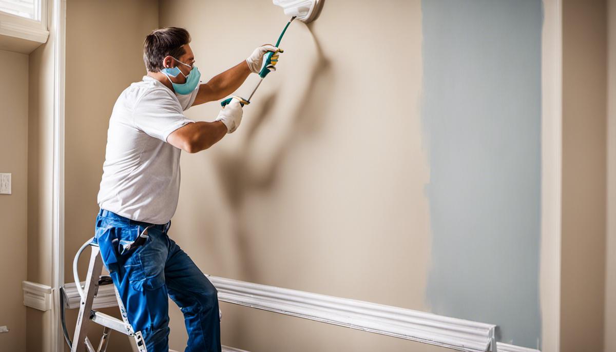 Image depicting someone painting a wall with proper ventilation and low VOC paint to prevent persistent paint odor.
