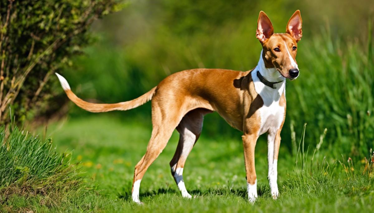 Un cane Podenco Andaluso dal mantello chiaro, adagiato in un prato verde