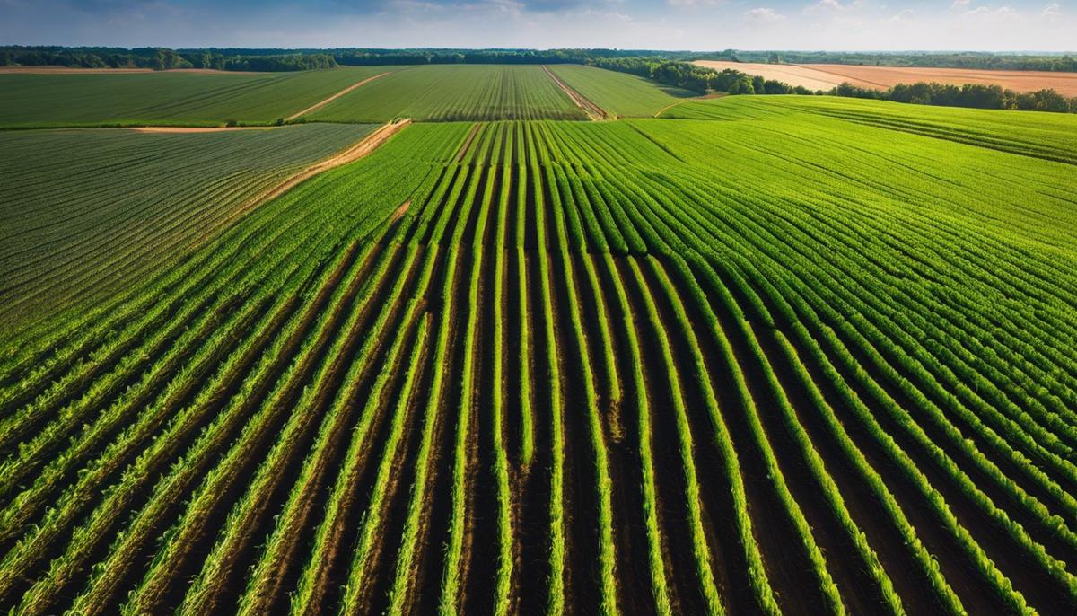 Image description: A field with rows of crops being rotated.
