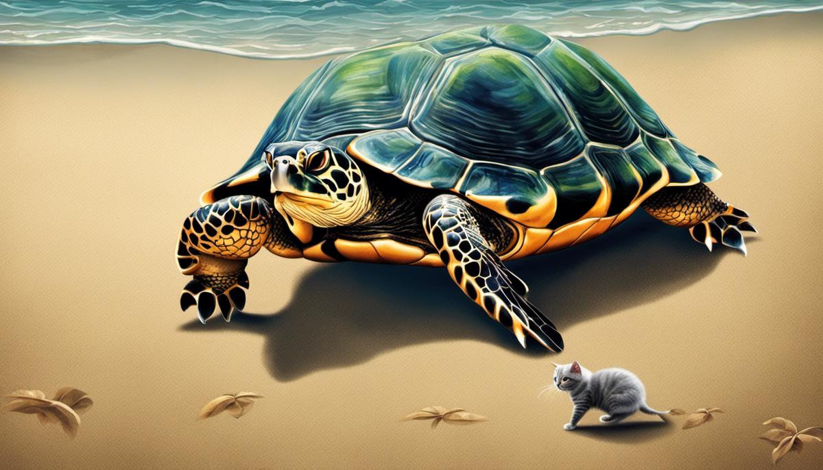Illustrazione di una tartaruga e un gatto che convivono pacificamente nella stessa casa